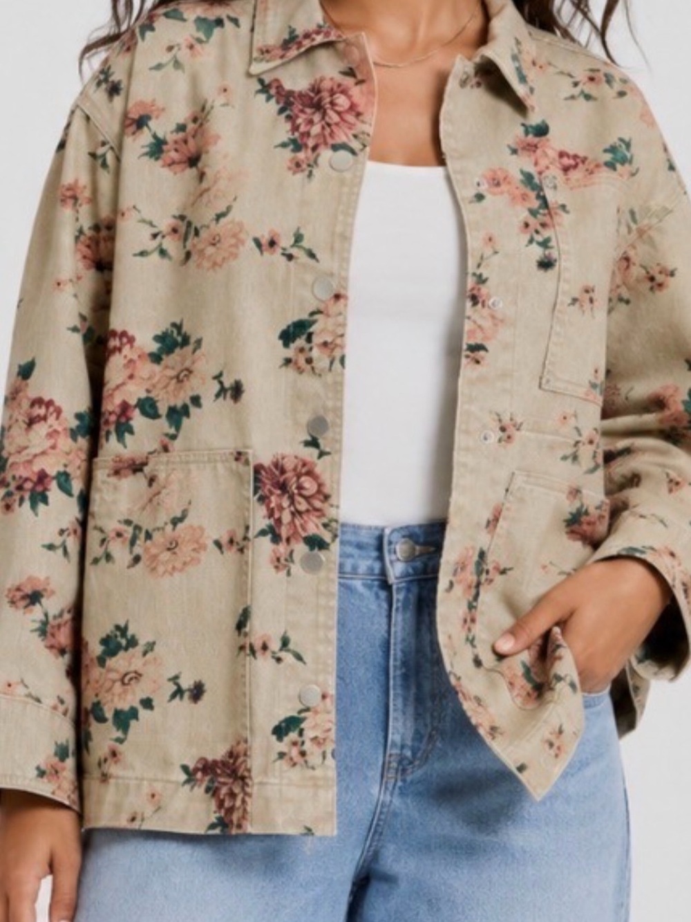 Universal Thread Beige Floral Jean Jacket with Rose Accents oversized fit